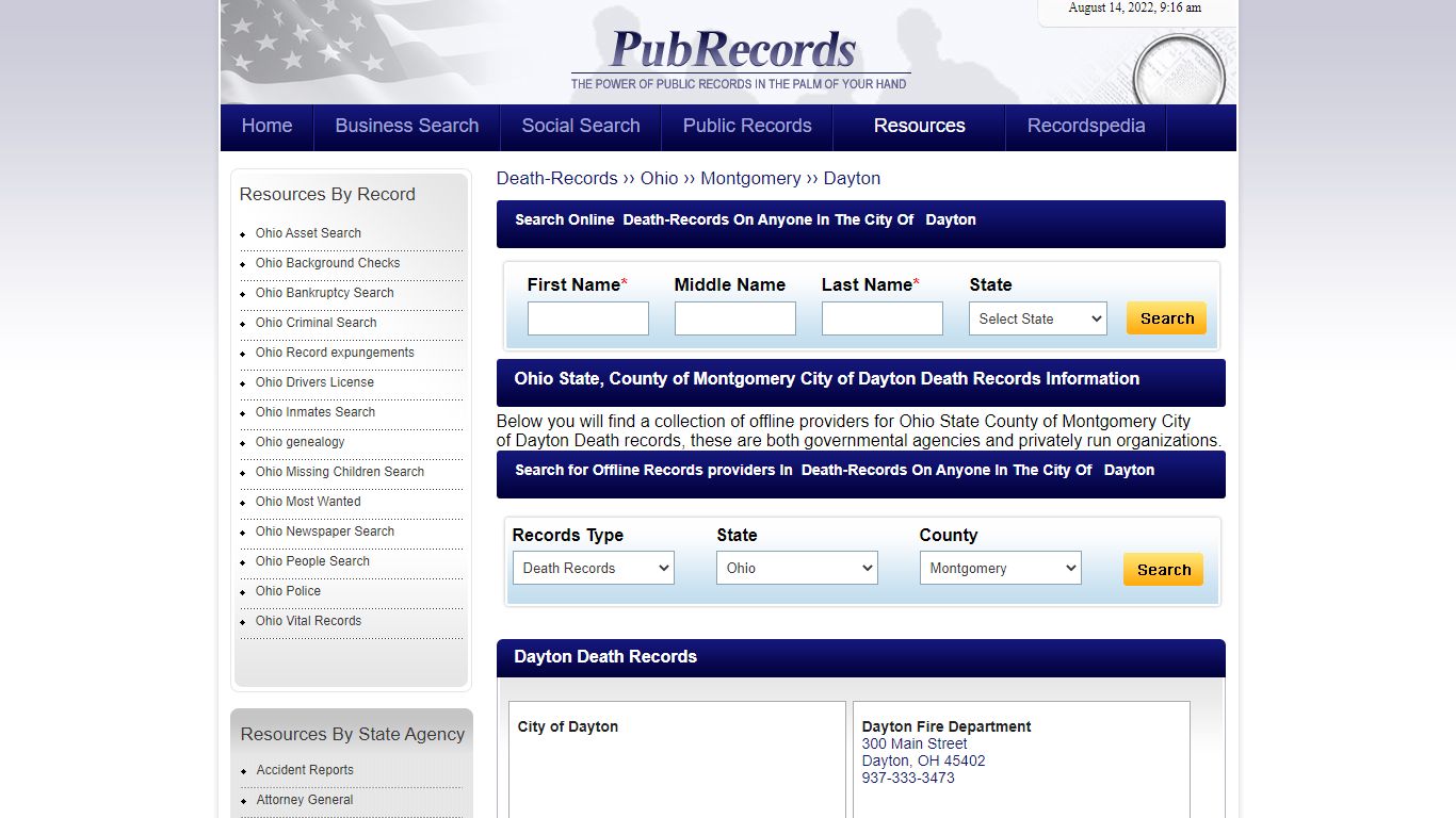 Dayton, Montgomery County, Ohio Death Records