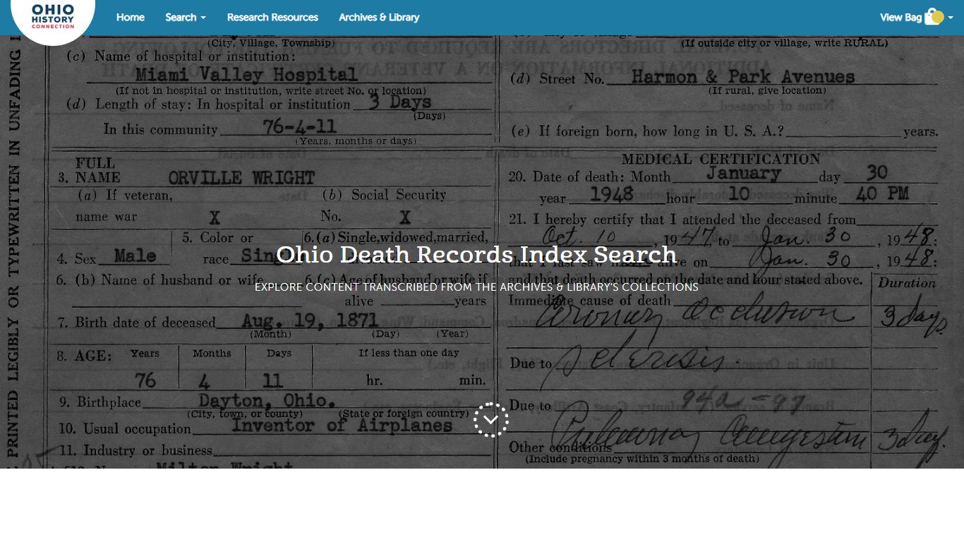 Ohio Death Record Index Search | Archives & Library | Ohio ...